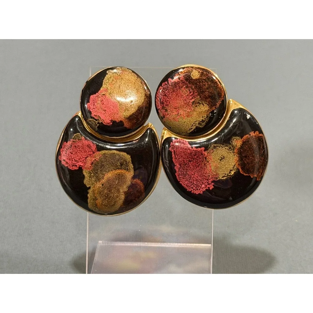 Vintage Enamel Articulated Drop Earrings Black Multi Color Gold Tone 80s Retro